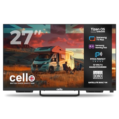 Cello CTRAV-27TZ 27 Smart 12V Traveller TV with Tizen OS by Samsung Built-in Satellite Gaming Hub Pitch Perfect Speakers Bluetooth Netflix UK Made Ideal for Motorhomes HGVs & Boats