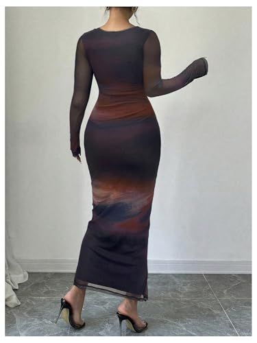 Image of Milumia Women's Tie Dye Boat Neck Long Sleeve Fall Dress Ruched Bodycon Maxi Slimming Dresses Cocktail Party
