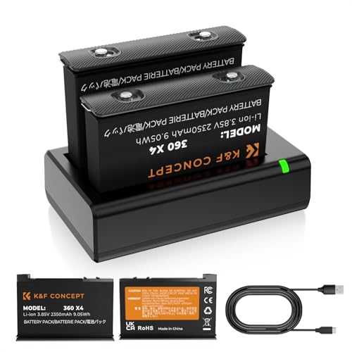 K&F CONCEPT Battery and Charger Set for 360 X4 2 Pack 2350mAh Replacement Battery with Dual Slot LED Charger Compatible with 360 X4 Action Camera
