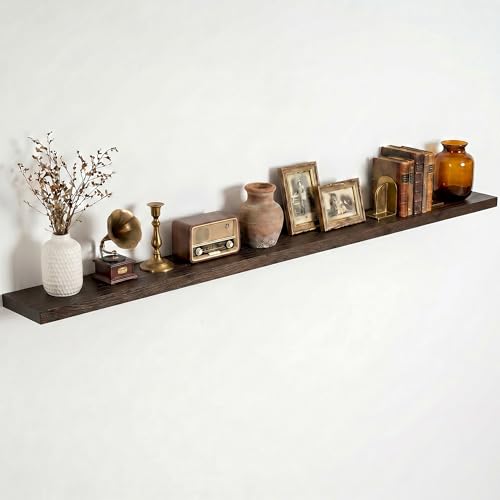 Image of Dreamland 72 Inch Floating Shelves for Wall, Solid Elm Wood Wall Shelves for Living Room, Bedroom, Kitchen, Bathroom, Wall Mounted Long Floating Shelf Set of 1, Walnut Color