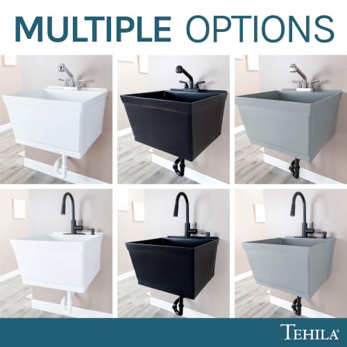 Image of JS Jackson Supplies Tehila Black Wall-Mounted Utility Sink Tub Kit with Matte Black Finish Pullout Faucet, Wall-Mounted Utility Tub with Wall Bracket for Laundry Room, Garage, Workshop
