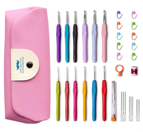 Image of KRENZ Crochet Kit for Beginners Adults, Crochet Kits Include Yarn, 59pcs Crochet Starter Kit for Beginners Kids,Ergonomic Crochet Hooks 2.0-6.0 mm, Lace Steel Needles 0.6-1.9 mm (Pink Pouch)