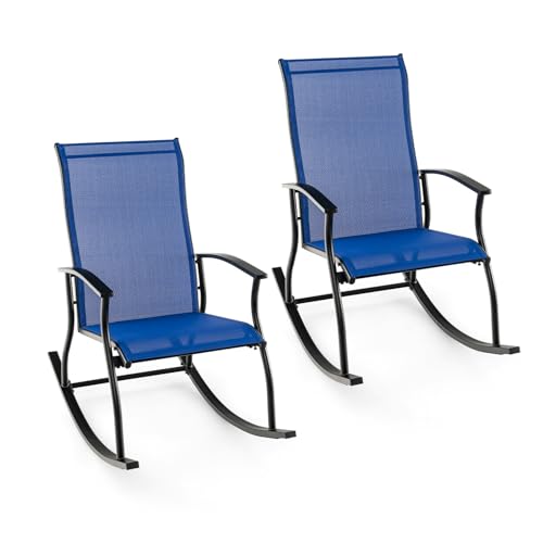 KOMFOTTEU Lot de 2 Fauteuil à Bascule en Tissu Maillé, Chaise à Bascule d&rsquo;Extérieur, Design Ergonomique, Rocking-Chair, Charge 150 kg, pour Terrasse, Patio, Jardin, 102 x 68 x 100 cm, Bleu