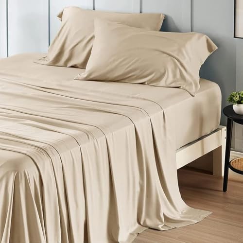 Image of Bed Sheet Single Size Cotton - Pure Egyptian Cotton Single Size BedSheet with Pillow Cover - Solid Taupe 600 Thread Count - Stain Resistant, Skin Friendly, Organic Cotton BedSheet