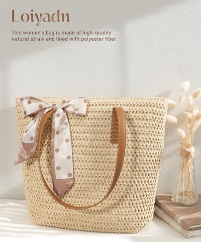 Image of Beach Bags for Women - Straw Bag with Zipper, Soft Woven beach bag, Casual Straw Shoulder Bag for Daily Use