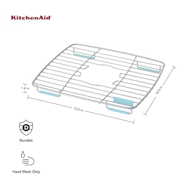 KitchenAid Rust Resistant Small Sink Protector with Non Slip Feet and Center Opening For Sink Stopper and Quick Drying, 10.5 x 12.5 x 1.4 Inch, Mineral Water