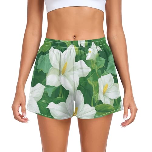 EtherSpher Beauty Spring Flowers Ohio Large White Trillium Womens Athletic Shorts with Pockets Girls Exercise Shorts for Outdoor Indoor Fitness Work Out ropa para hacer ejercicio L