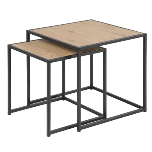 Acomoda Textil – Conjunto de 2 Mesitas Auxiliares de Madera. Set Mesas Nido para Café Cuadradas de Metal para Decoración en Salón, Dormitorio y Oficina. (Set 2 Mesas 34-30 cm)