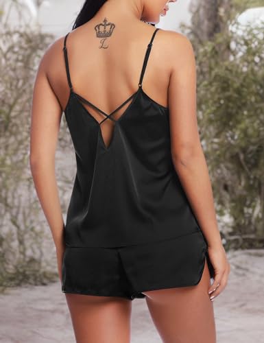RSLOVE Women V Neck Sexy Lingerie Satin Sleepwear Pajamas Cami Shorts Set Nightwear