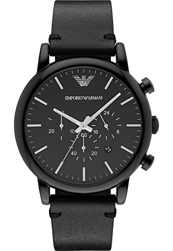 Emporio Armani Montre pour homme, mouvement chronographe à quartz, boîtier en acier inoxydable noir de 46 mm avec bracelet en cuir, AR1918
