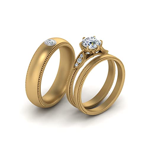Image of Choose Your Gemstone Milgrain Matching Wedding Set for Couples Yellow Gold Plated Round Shape Wedding Ring Sets Matching Jewelry Wedding Jewelry Easy to Wear Gifts US Size 4 to 12