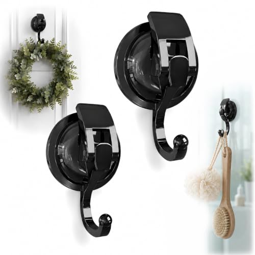 SOCONT Heavy Duty Vacuum Suction Cup Hooks Matte Black Suction Cup Wreath Hanger for Front Door Glass Window No Drill Removable Hooks for Bathroom Kitchen Shower Wall Holiday Decor 2 Pack