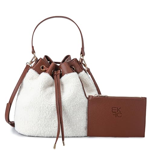 MKF Collection Crossbody Bucket Bag for Women, plush shearling Drawstring