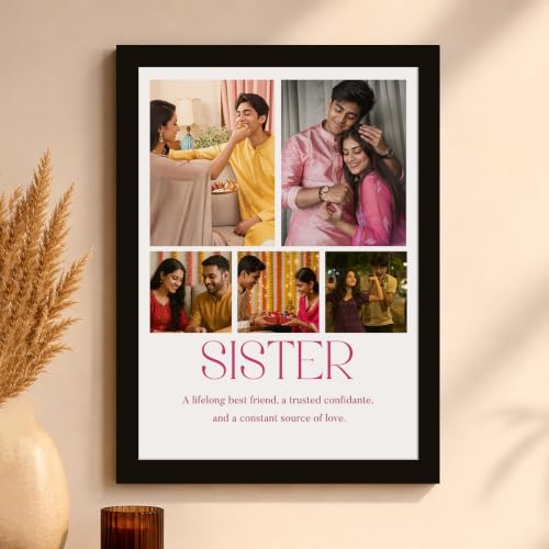 Image of Art Street Personalized Gift for Sister, Dad Photo Frame | 6 Image Collage with Custom Text, Customized Photo Frame for Brother, Wall Decor for Bedroom Living Room, A4 Size 8x12 Inch