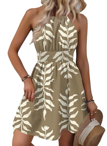 Image of BLENCOT Womens Summer Beach Halter Neck Dresses Casual Smocked A Line Floral Mini Dress with Pockets