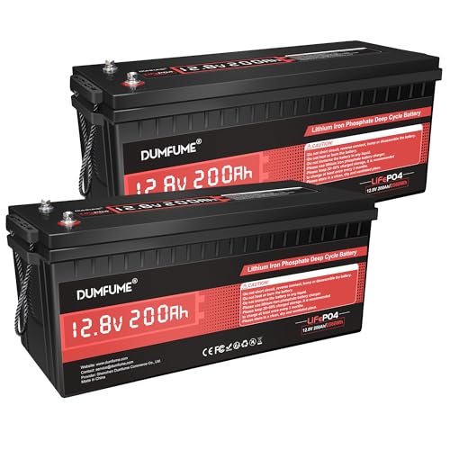 Image of 2 pack Dumfume 12V 200Ah LiFePO4 Lithium Battery,2560Wh Energy,1280W Load,200A BMS & 95% Discharge Efficiency,15000+ Cycles for Solar RV Off-Grid Camping Home Backup