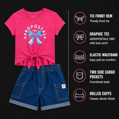 Image of AEROPOSTALE Girls Shorts Set - 2 Piece Soft Short Sleeve Graphic Tees and Twill or Denim Shorts Summer Outfits for Girls