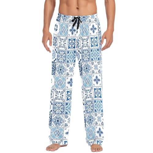 Men's Blue Vintage Tiles Pajama Pants with Pockets - Straight Fit Cotton Sleep Bottoms for Lounge & Nightwear#8082