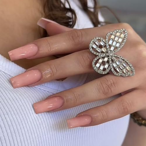 SEMATA Nude Pink Acrylic Press on Nails Medium Long Square Nails Press ons Coffin Glue on Fake Nail with Glossy Designs Reusable Artificial Stick on False Nail for Women 32Pcs — view 2