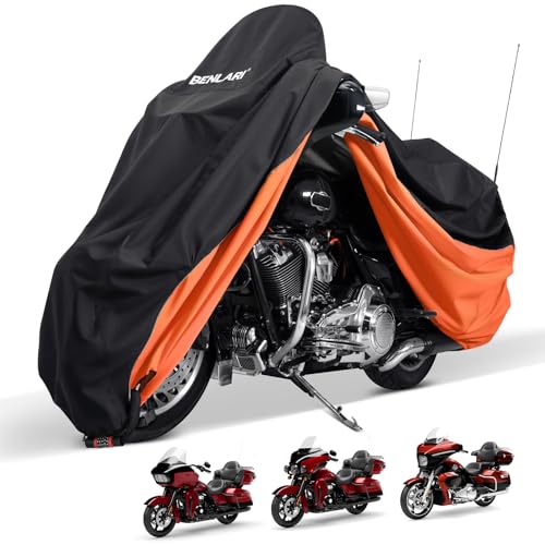 Image of Benlari Waterproof Motorcycle Cover with Side Top Box Compatible with Harley Davidson Touring Ultra Limited Street Glide Road Glide Electra Glide Honda Outdoor All Weather Protection, 116 inch x 47 inch x 53 inch