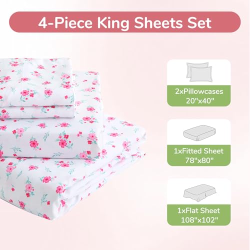 Image of MUXHOMO King Size 4 Piece Sheet Set, Soft & Breathable Sheet for Bedroom with Deep Pocket Up to 16 inch, Wrinkle-Free & Cooling Bed Sheets with Flat Sheet, Fitted Sheet & Pillowcases - Pink Flower Sea