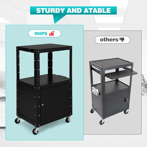 Fectiontool Height Adjustable 3-Layer AV Cart with Locking Cabinet, 16.4-ft Power Strip, Cold-Rolled Steel, 4 Swivel Casters & 2 Locking Brakes - Ideal for Offices, Schools & Garages - Thumbnail 5