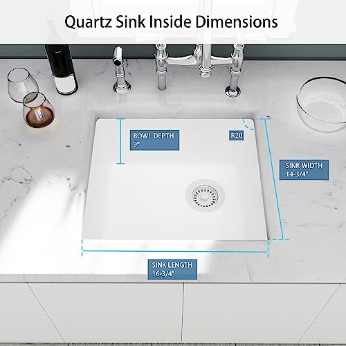 Image of White Bar Sink,White Granite Composite Kitchen Sink With Accessories,19 Inch Undermount Quartz Stone Kitchen Sinks, 19 inch x 17 inch x 9 Small Kitchen Sink with Offset Drain