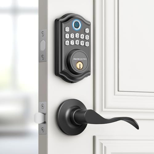Image of AkaGear DS10 Keyless Entry Door Lock with Lever Handle, Fingerprint Deadbolt, Keypad Code, 2 Keys, Smart Locks for Front Door, Bedroom, One-time Code, Auto-Lock, Easy Installation -Matte Black