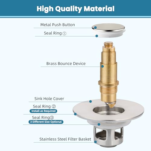 Image of Universal Metal Bathroom Sink Drain Stopper, 2-in-1 Pop Up, Brushed Nickel | Sink Strainer with Anti-Clogging Filter Basket Fit for Standard 1 inch-2.3 inch Basin Drain Holes, Anti-Clog