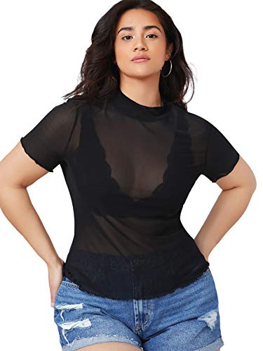 SOLY HUX Women's Plus Size Sheer Mesh Short Sleeve Tee Mock Neck See Through Top