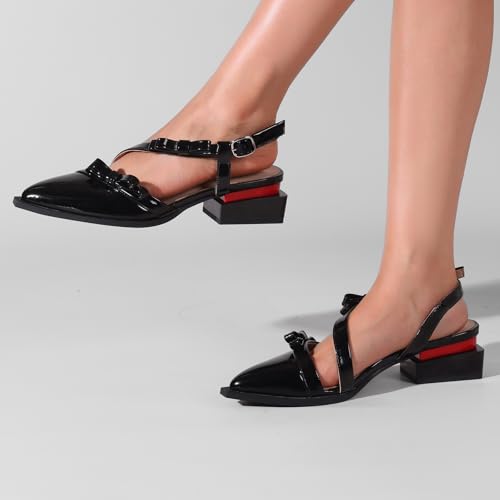 Image of LingxiaUne Women's Flat Sandals with Bowknot Cute Low Wedge Pumps Slingback Heeled Shoes with Pointed Toe and Block Heel Fashion Black Heeled Sandals for Women Size 7.5