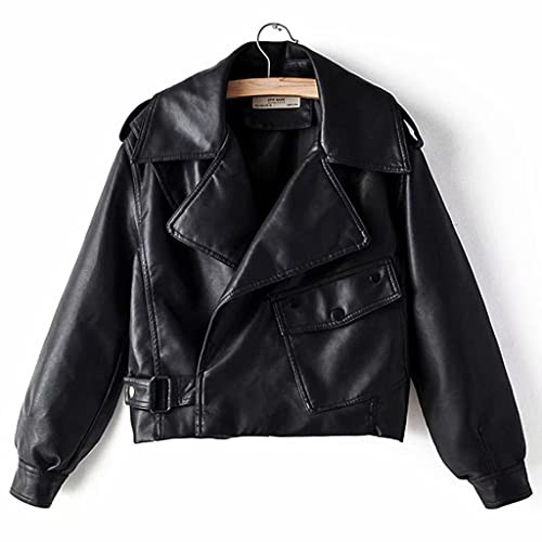 Wssbk Spring Fashion Retro Lapel Long Sleeve Short Pu Leather Washed Solid Color Leather Jacket (Color : B, Size : Large) #TOP28