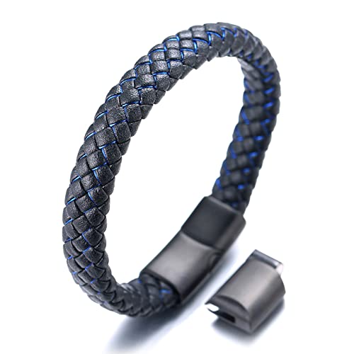 HALUKAKAH Kinderen ●Jazz Junior ● Jongens Echt Leder Handgemaakte Vlecht Zwart Mix Blauw Armband 6-12 Jaar. Titanium Magnetische Frosted Sluiting Maat Verstelbaar 18-19.5cm met Gratis Geschenkdoos