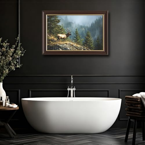 Image of Antique Framed Bull Elk Canvas Wall Art, Forest Wildlife Portrait Oil Painting Canvas Prints, Vintage Cabin Wall Decor Pictures for Living Room Bedroom Office