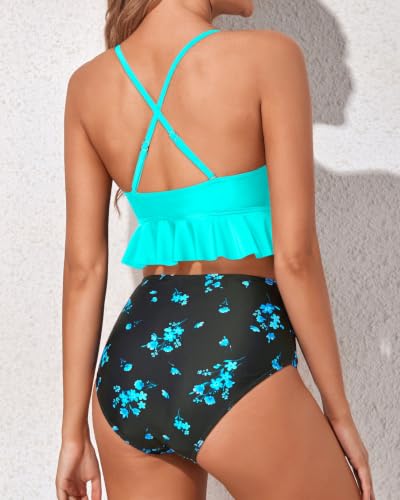 Image of Women Ruffle Bikini Set High Waisted Tummy Control Two Piece Swimsuits | Ruffle,High Waisted,Tummy Control,Removable Bra Pads,Adjustable Shoulder Straps,Full Coverage
