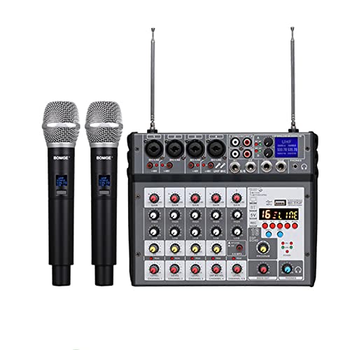 ポータブル 4 チャンネル DJ ミキサー、2 つのワイヤレス マイクを備えたプロフェッショナル オーディオ ミキサー、パーティー スタジオ用の USB Bluetooth MP3 リバーブ効果が可能