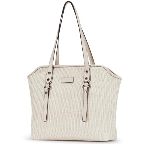 Image of Tote Bag for Women,Large Capacity Straw&Vegan Leather Tote Purses for Women,Shoulder Bags For Daily Travel Work Beach