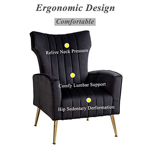 Artechworks Curved Tufted Accent Chair With Metal Gold Legs Velvet Upholstered Arm Club Leisure Modern Chair For Living Room Bedroom Patio， Black #TOP6