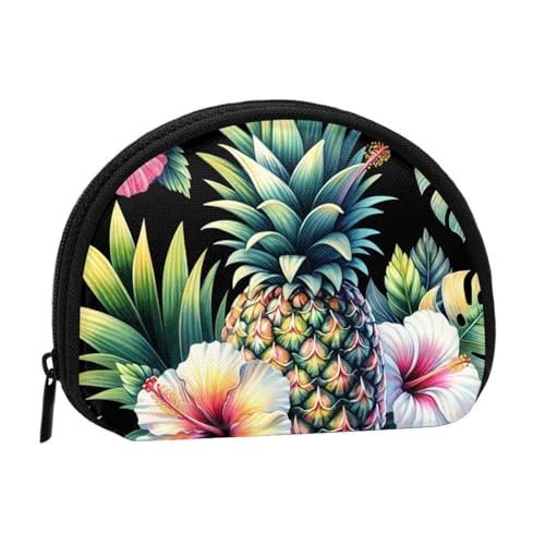 Portable Coin Purse Watercolor-Pineapple-Hibiscus Mini Zippered Money Pouch Card Holder