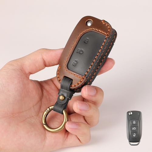 Image of keyzone dual leather key cover for Tata Curvv, Nexon, Harrier, Altroz, Punch, Safari, Tigor, Tiago, Zest, Bolt 3 button flip key