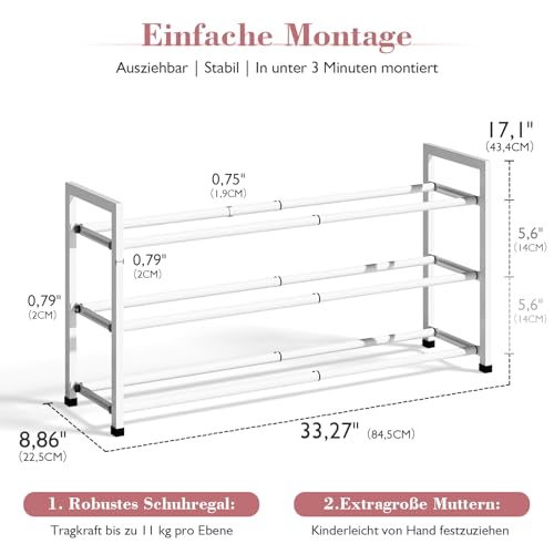 Image of Bumusty 3-Tier Expandable Shoe Rack for Closet, 18 inch-33 inch Adjustable Shoe Rack for Small Space, Small Shoe Organizer for Front Door, Sturdy Metal, White
