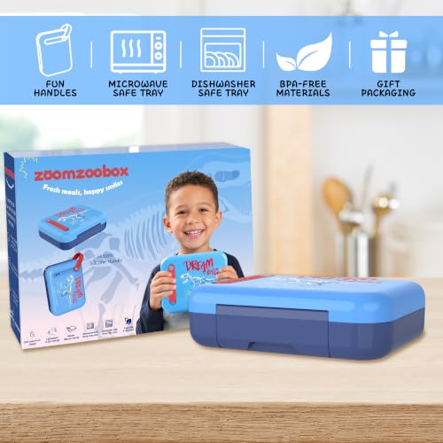Image of Kids Bento Lunch Box for Boys & Girls - 4-Compartment Leak-Proof Lunch Container with Hidden Silicone Handle, Lightweight, BPA-Free, 855ml for School & Travel (Dinosaur)