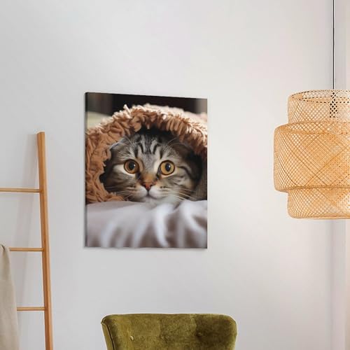 Poster chat sous couverture coton lin déco chambre chaleureuse