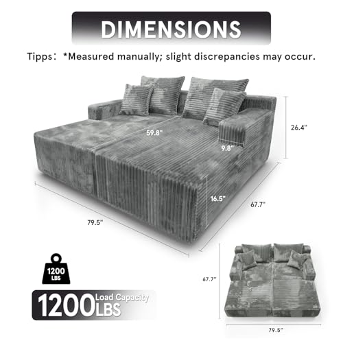 Image of SYTOPIA Loveseat Chaise Lounge with Armrests, Oversized Sofa Bed with 4 Pillows, Cozy Boneless Sleeper, Modular Sectional Couch for Living Room Bedroom, Floor Chair Furniture sala Corduroy, Urban Grey