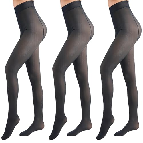 Image of Eurzom 3 Pairs Fleece Lined Stirrup Tights Women Fake Translucent Thermal Elastic Skin Colored Tights Warm Pantyhose