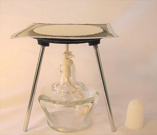 Glass Alcohol Lamp, 250 ml 8.5 oz, Lab Bunsen Burner, Sprint Torch, Cast Iron Tripod, Ceremic Mesh (250 ml Alcohol Burner & Tripod)