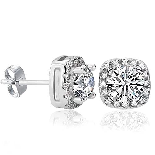 Square Cubic Zirconia Earrings Studs for Women Men Simulated Diamond CZ Stud Silver Earrings