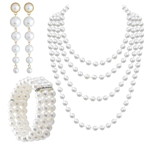 3 Stück Perlen Schmuck Set für Damen, Perlenkette, Perlen Set mit langen Kunststoffperlen Ohrringen, 3 Reihiges Stretch Perlenarmband, 1920er Perlenkette für Party Hochzeit Karneval Halloween