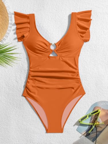 Image of Eomenie Womens Ruffled One Piece Swimsuit Slimming Tummy Control Bathing Suit V-Neck Cutout Swimwear for Resort Wear