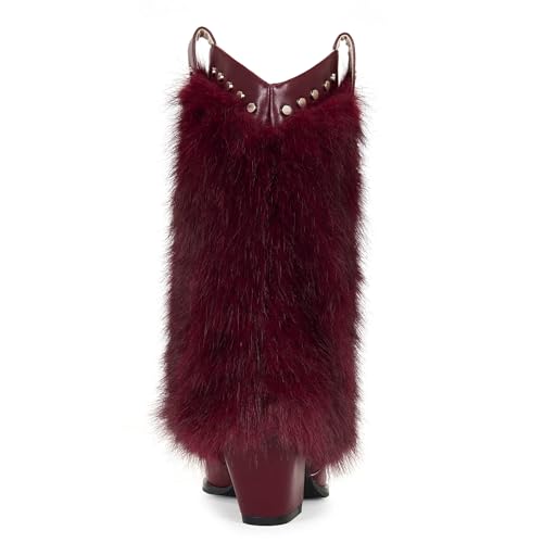 Faux Fur Cowboy Boots for Women Furry Western Cowgirl Mid Calf Boots Pointed Toe Chunky Heel Winter Warm Booties4
